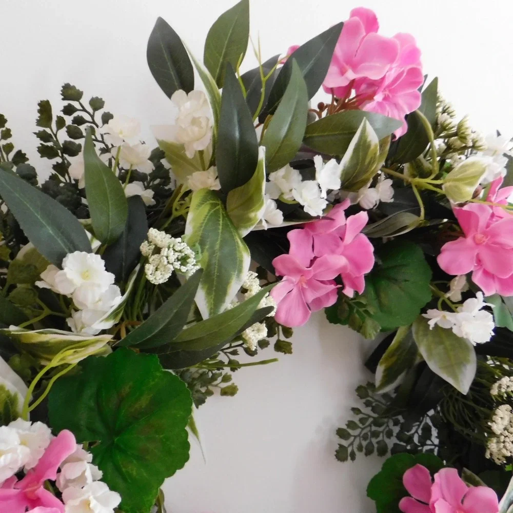 Handmade Geranium and whites Wreath for Front Door Spring Summer Gift‎